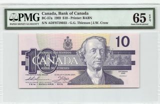 Canada 1989 Bc - 57a Pmg Gem Unc 65 Epq 10 Dollars (thiessen - Crow)