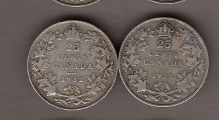 1931 & 1932 Canadian Silver 25 Cents Very -