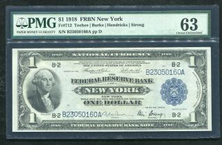 Fr.  712 1918 $1 One Dollar Frbn Federal Reserve Note York,  Ny Pmg Unc - 63