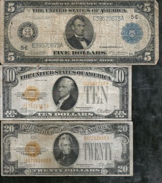 1914 $5 Frn 1928 $10 Gold Certificate And 1928 $20 Gold Certificate 3 Notes