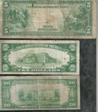 1914 $5 FRN 1928 $10 Gold Certificate and 1928 $20 Gold Certificate 3 Notes 2