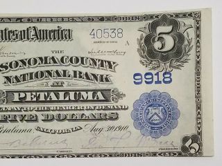 1910 Five Dollar $5.  00 Sonoma County California National Bank Note Petaluma UNC 3