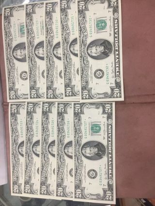 1977 $20 Dollar Bill Star Notes 10 Consecutive Number Uncirculated