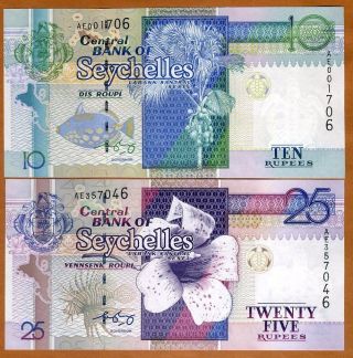 Set Seychelles 10 - 25 Rupees,  Nd (2005 - 2010),  P - 36b - 37b,  Unc