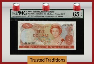 Tt Pk 171b 1985 - 89 Zealand 5 Dollars Queen Elizabeth Ii Pmg 65 Epq Gem Unc