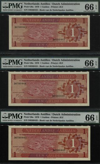 Tt Pk 20a 1970 Netherlands Antilles 1 Gulden Pmg 66 Epq Sequential Set Of 3