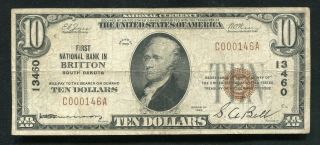 1929 $10 First National Bank In Britton,  Sd National Currency Ch.  13460
