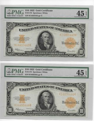 1922 Sequential $10.  00 Hillegass Large Gold Notes Higher Epq Grade