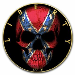 2019 1 Oz Silver $1 Confederate Flag Skull Eagle Coin With 24k Gold Gilded.