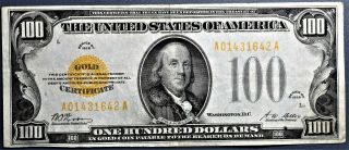 1928 $100 Ten Dollar Bill Gold Certificate Note Fr 2405 A1175