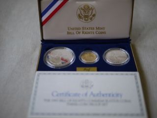 1993 Bill Of Rights,  3 Coin Set,  $5 Gold,  $1 Silver,  50c Silver,  Proof,