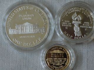 1993 Bill of Rights,  3 coin set,  $5 Gold,  $1 Silver,  50c silver,  PROOF, 4