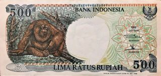 1995 Indonesia 500 Rupiah Banknote,  Orangutan/Huts,  Pick 128d,  Extra 2