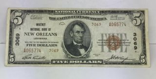 1929 $5 Type 2 Whitney National Bank Of Orleans La National Currency Note