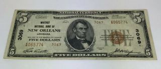 1929 $5 Type 2 Whitney National Bank of Orleans LA National Currency Note 5