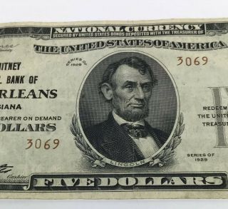 1929 $5 Type 2 Whitney National Bank of Orleans LA National Currency Note 9