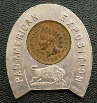 1901 Pan American Exposition Indian Head Cent Encased Horseshoe Good Luck Token