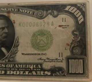 1934 $1000 ONE THOUSAND DOLLAR BILL OLD CURRENCY NOTE DALLAS TEXAS 4