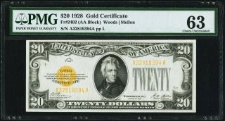 Fr.  2402 $20 1928 Gold Certificate (aa Block).  Pmg Choice Uncirculated 63
