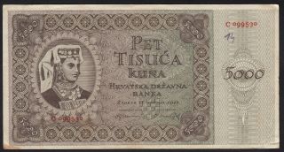1943 Croatia 5000 Kuna Wwii Ndh Money Banknote German Nazi Occupation P 14 F