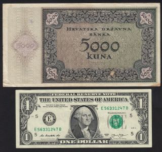 1943 Croatia 5000 Kuna WWII NDH Money Banknote German Nazi Occupation P 14 F 2