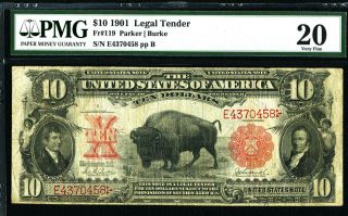 $10 1901 Legal Tender Fr 119 Pmg 20 " Bison Note " Dark Red Seal Tougher Fr Vf