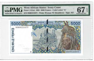 P - 113ad 1995 5000 Francs,  West African States / Ivory Coast Pmg 67epq Gem