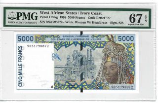 P - 113ag 1998 5000 Francs,  West African States / Ivory Coast Pmg 67epq Gem