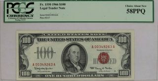 1966 $100 Legal Tender Red Seal Note Pcgs Cert.  58 Ppq Fr.  1550 Choice About