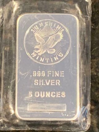 5 Oz.  Silver Bar - Sunshine Minting -.  999 Fine - Marked