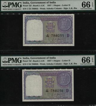 Tt Pk 75f 1957 India Reserve Bank 1 Rupee Pmg 66 Epq Sequential Gem Set Of Two