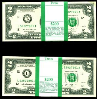 200 Consecutive Sequential Numbered $2 Dollar Bills Bep Crisp Unc Notes Wow