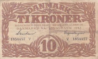 10 Kroner Fine Banknote From German Occupied Denmark 1943 Pick - 31