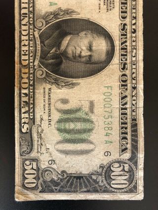 $500 FIVE HUNDRED DOLLAR BILL - Series 1934A - Federal Reserve Note - Atlanta,  GA 3