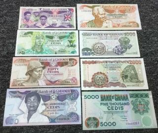 Set Of 8 Crisp Bank Of Ghana Cedis Notes 10 - 20 - 50 - 100 - 200 - 1000 - 2000 - 5000 Cedis