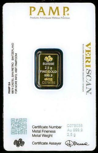 PAMP GOLD SWISS HORN OF PLENTY 2.  5 GRAMS.  9999 FINE BAR IN ASSAY CARD 2