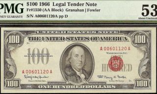 1966 $100 Dollar United States Currency Legal Tender Red Seal Note Pmg 53