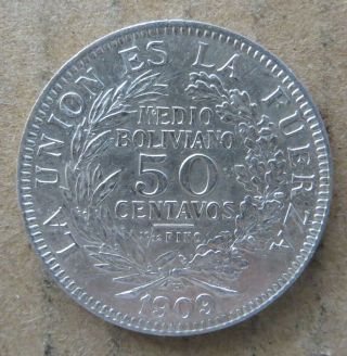 Bolivia 50 Centavos 1909 Aunc To Unc.  Ep - 8212