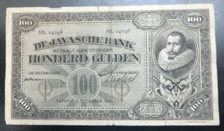 Netherlands Indies 100 Gulden Banknote,  1929,  De Javasche Bank,  Indonesia P73c