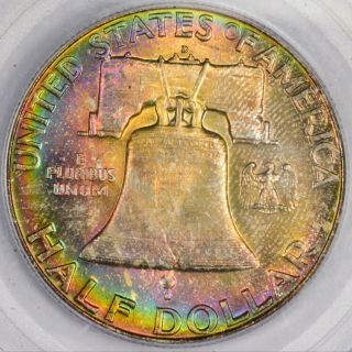 1958 - D Neon Rainbow Franklin Half Dollar Toner Pcgs " Obh " Ms - 66 Pq Toned Toning