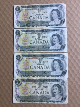4 Canadian One Dollar Bills ($1) Circulated 4 X $1 Issued In 1973