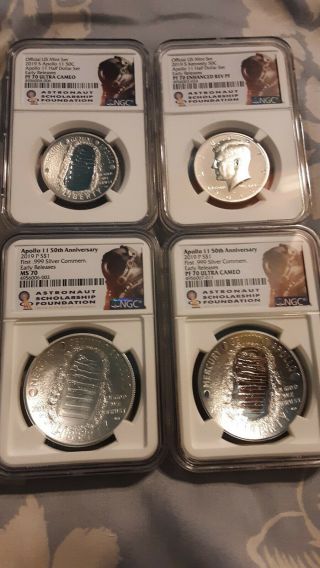 2019 Apollo 11 Ngc Pf & Ms70 Silver Dollar And Half Dollar 4 Coin Set.  Early Rel