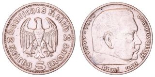 Ga.  210} Germany 3rd Reich 5 Reichsmark 1936a / Paul Von Hindenburg / Silver / Vf