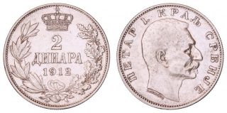 Ga.  224} Serbia 2 Dinara 1912 / Silver / Vf,