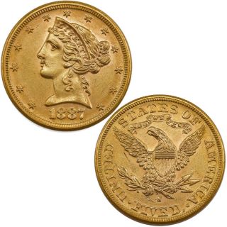 1887 - S $5 Liberty Head Five Dollar Half Eagle Gold Coin San Francisco (l3)