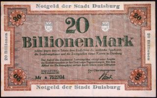 Duisburg 1923 20 Trillion Mark Inflation Notgeld German Banknote 20 Billionen