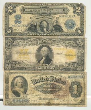 $1 Series 1886 Martha And $2 1899 Silver Certificates,  $20 1922 Gold Certificat