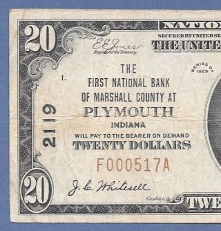 In 1929 $20 ♚♚ Plymouth,  Indiana ♚♚ The First Nb Of Marshall County
