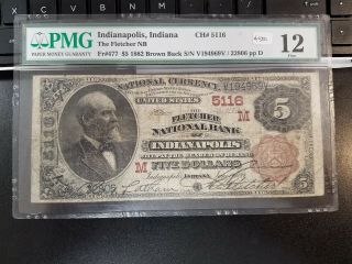 1882 $5 Brown Back - Fletcher National Bank Of Indianapolis Indiana National.