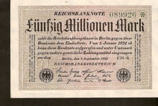 Germany Old Banknote Reichsbanknote 50 Millionen Mark 1923 No.  089926 - A Unc
